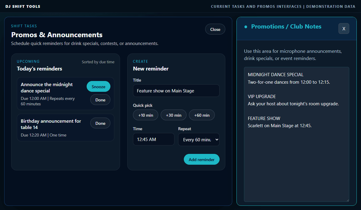 Clockwork Venue Tasks modal and Promotions panel showing repeating shift reminders, snooze controls, and saved club announcements